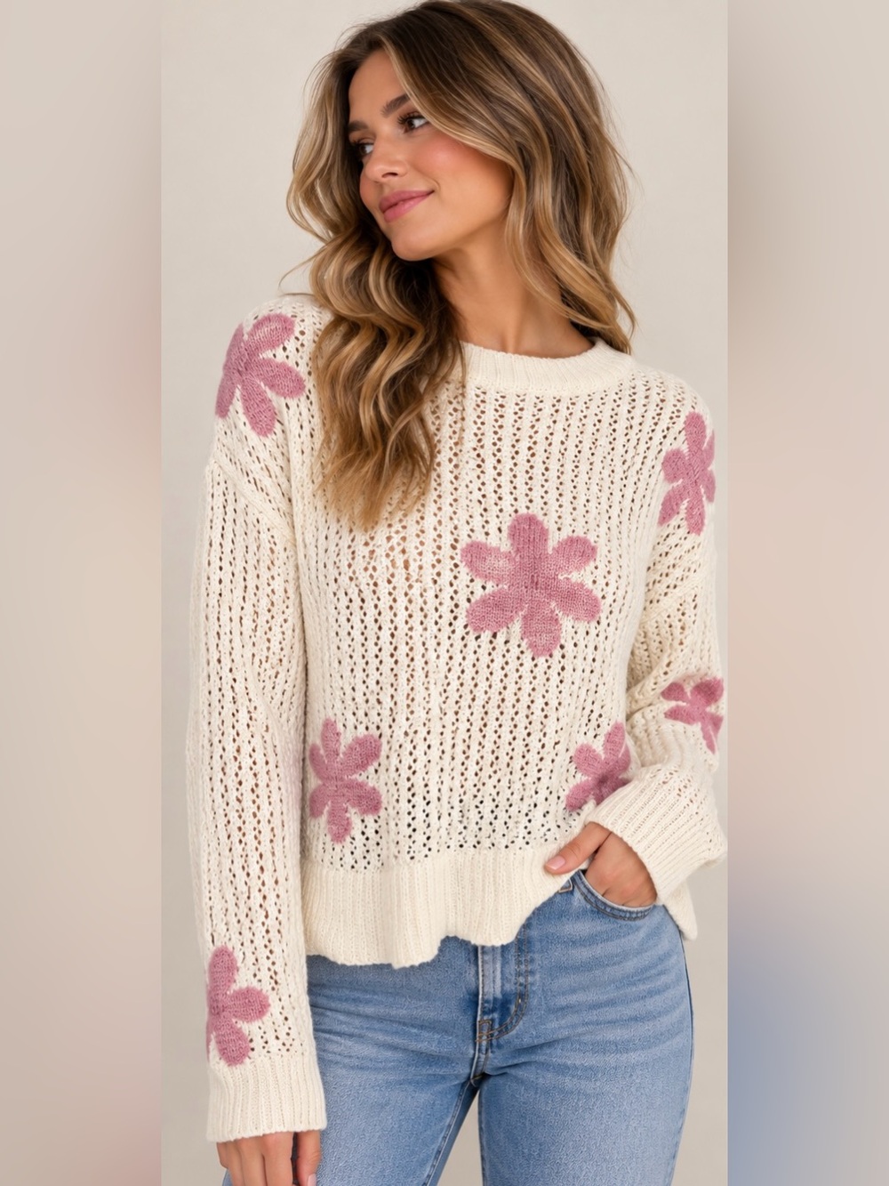 Sugar Moon Cream Knit Sweater with Pink Floral Design – Size Small